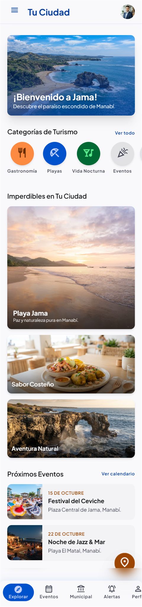 Pantalla de inicio de la app Tu Ciudad con destinos del territorio