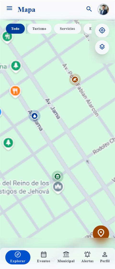 Pantalla de mapa de la app Tu Ciudad con puntos de interés